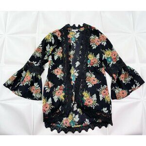 Jodifl Women Sz S Crochet Lace Trim Bell Sleeve Floral Print Jacket Kimono Black